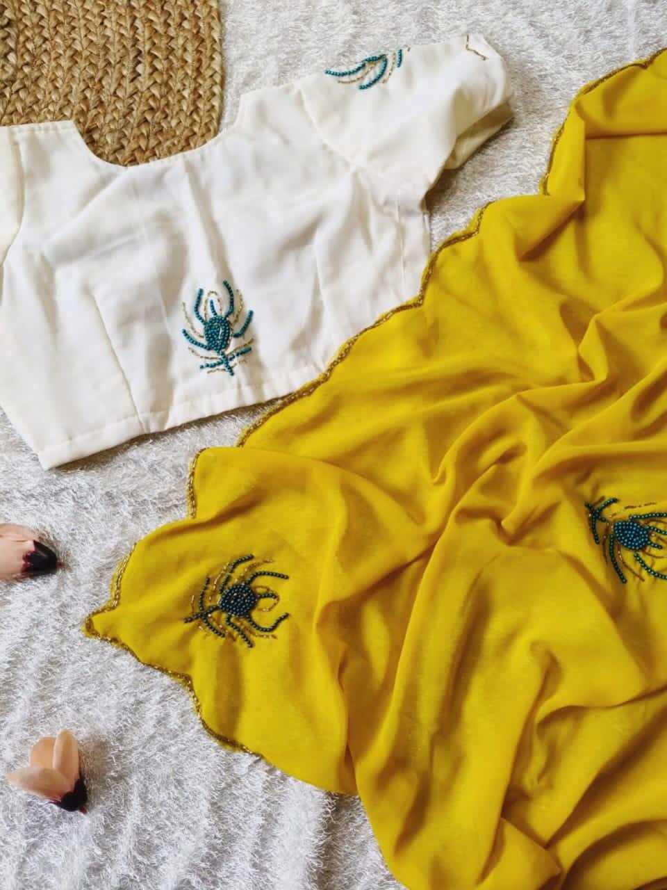 Faux Georgette Saree with Handworked Morpankh Motifs - House of ViDi