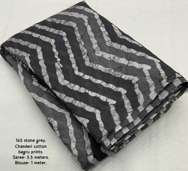 Grey Chanderi Cotton Bagru Batik Printed Saree with Zig Zag Motifs & Tassel Pallu | House of ViDi