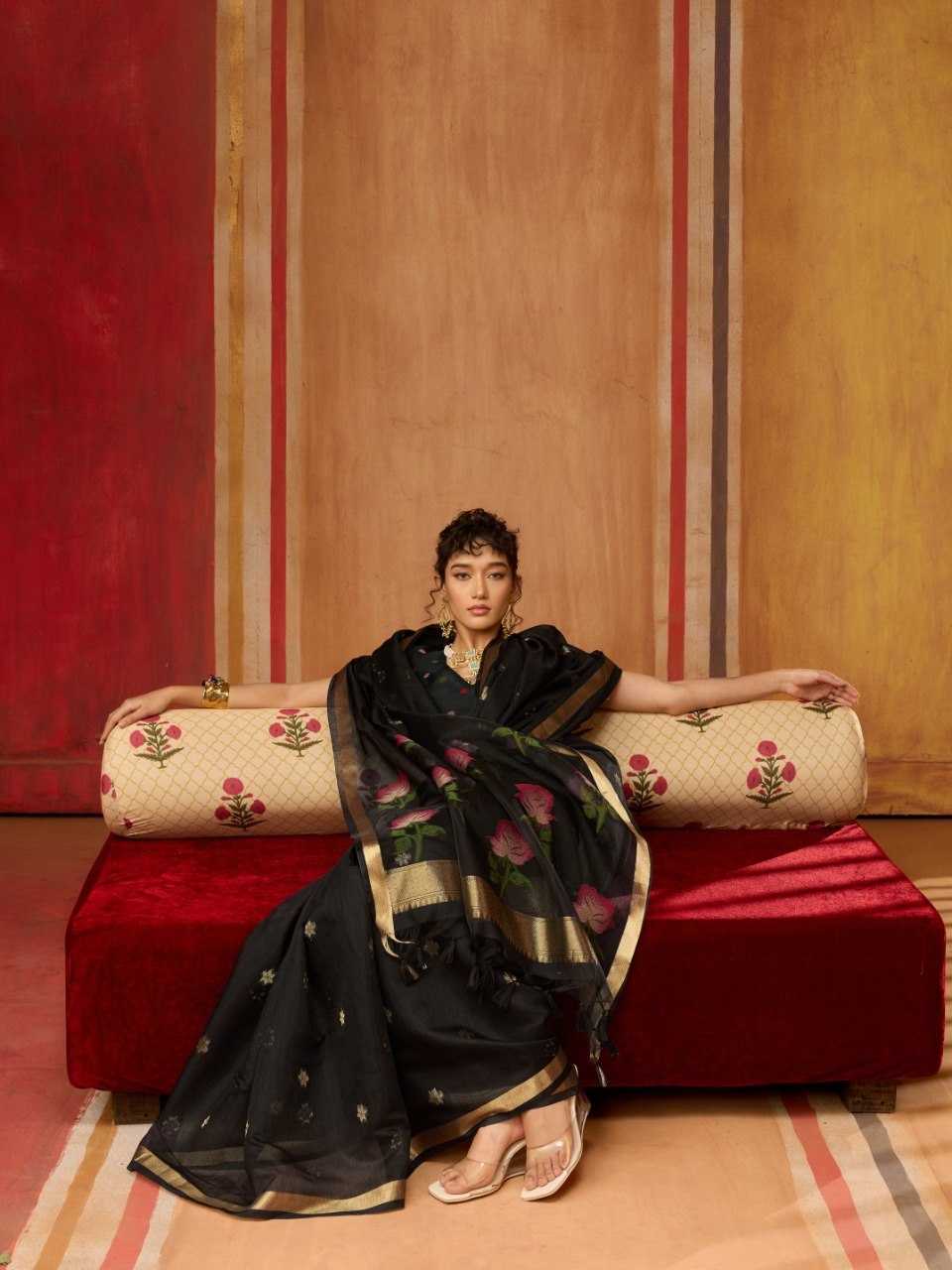 Black Handloom Silk Saree with Organza Pallu & Woven Design - House of ViDi