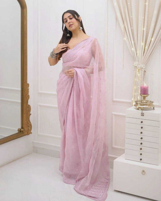 Lilac Kota Silk Saree with Sequin & Mirror Embroidery – Fancy Lace Border & Banglori Blouse - House of ViDi