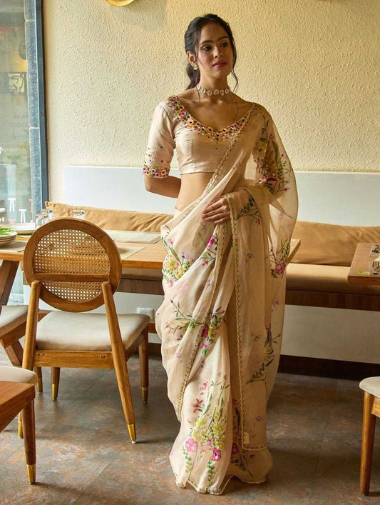 Tabby Silk Printed Saree with Handwork & Designer Blouse – Fresh Floral Elegance - House of ViDi