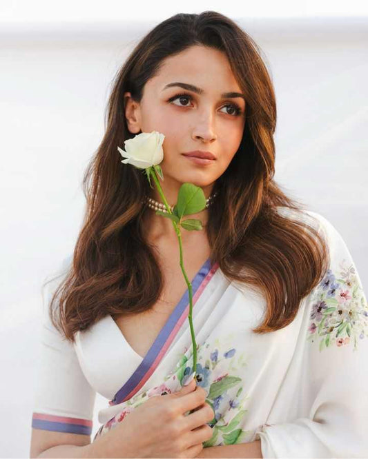 Alia Bhatt Inspired Floral Silk Saree [White] - House of ViDi