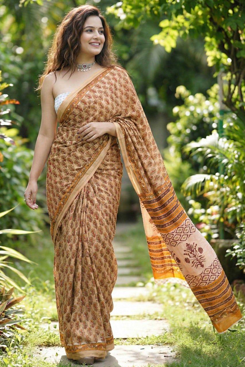 Chikoo Premium Bagru Block Print Mulmul Cotton Saree with Blouse – Jaipur Ajrakh Handcrafted - House of ViDi