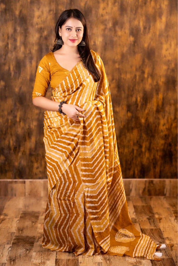 Mustard Chanderi Cotton Bagru Batik Printed Saree with Zig Zag Motifs & Tassel Pallu | House of ViDi