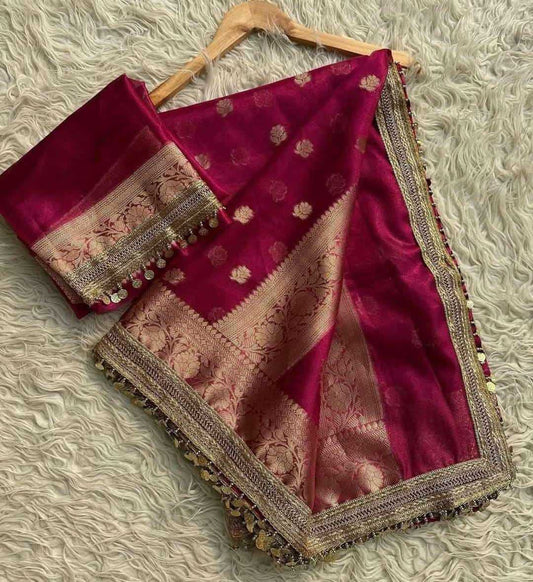 Rani Banarasi Soft Tissue Silk Saree with Zari Weaving & Coin Lace – Elegant Wedding Wear Saree