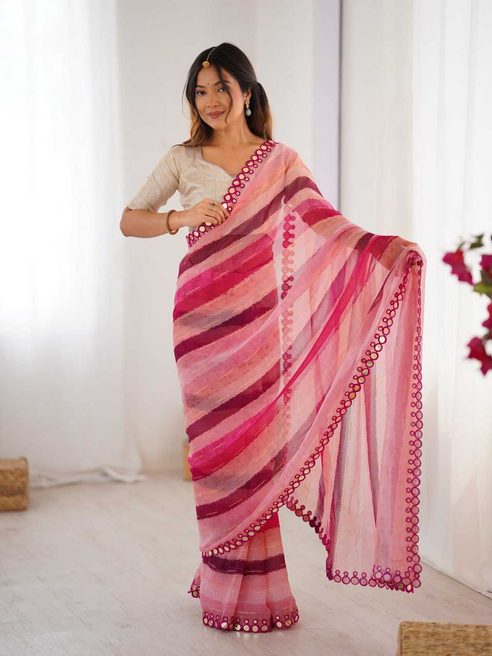 Pink Heavy Marble Chiffon Lehriya Print Saree with Zari & Mirror Border – Elegant Festive & Party Wear Saree