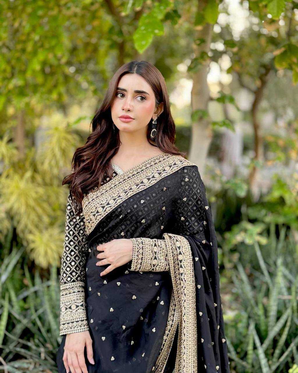 Black Designer Tabby Silk Saree with Sequins & Thread Work | Unstitched Blouse | House of ViDi