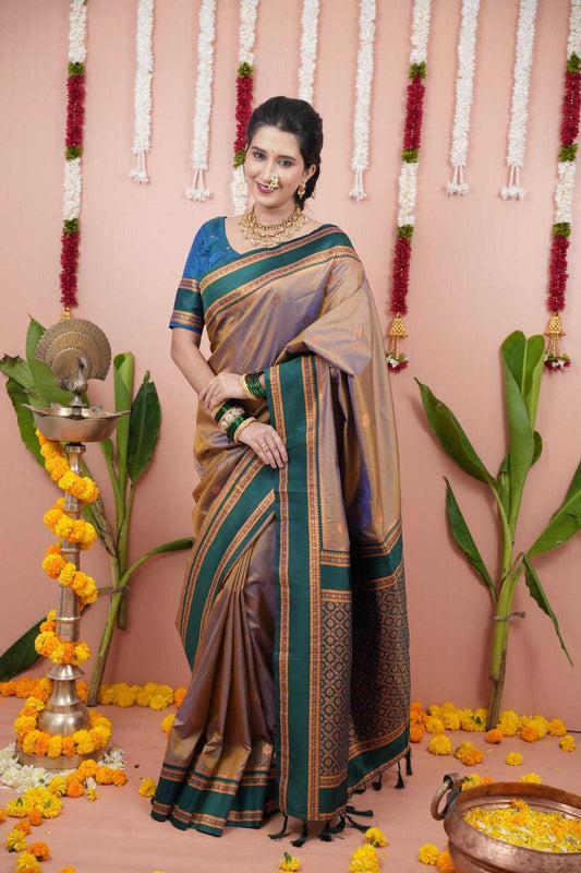 Narayanpet Soft Silk Saree with Zari Motifs & Contrast Pallu – Narayan Border & Contrast Blouse [Brown] - House of ViDi