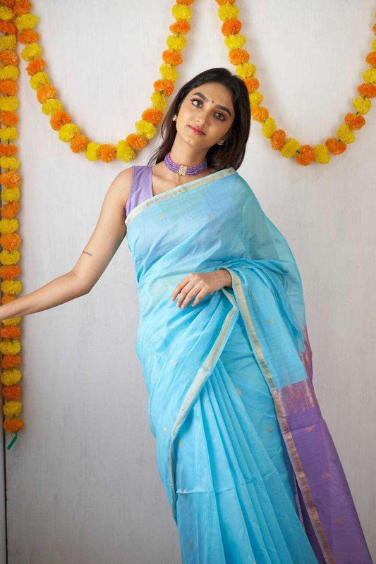 Soft Linen Saree with Rich Weaving Blouse – Elegant Festive & Onam Collection [Sky Blue] - House of ViDi