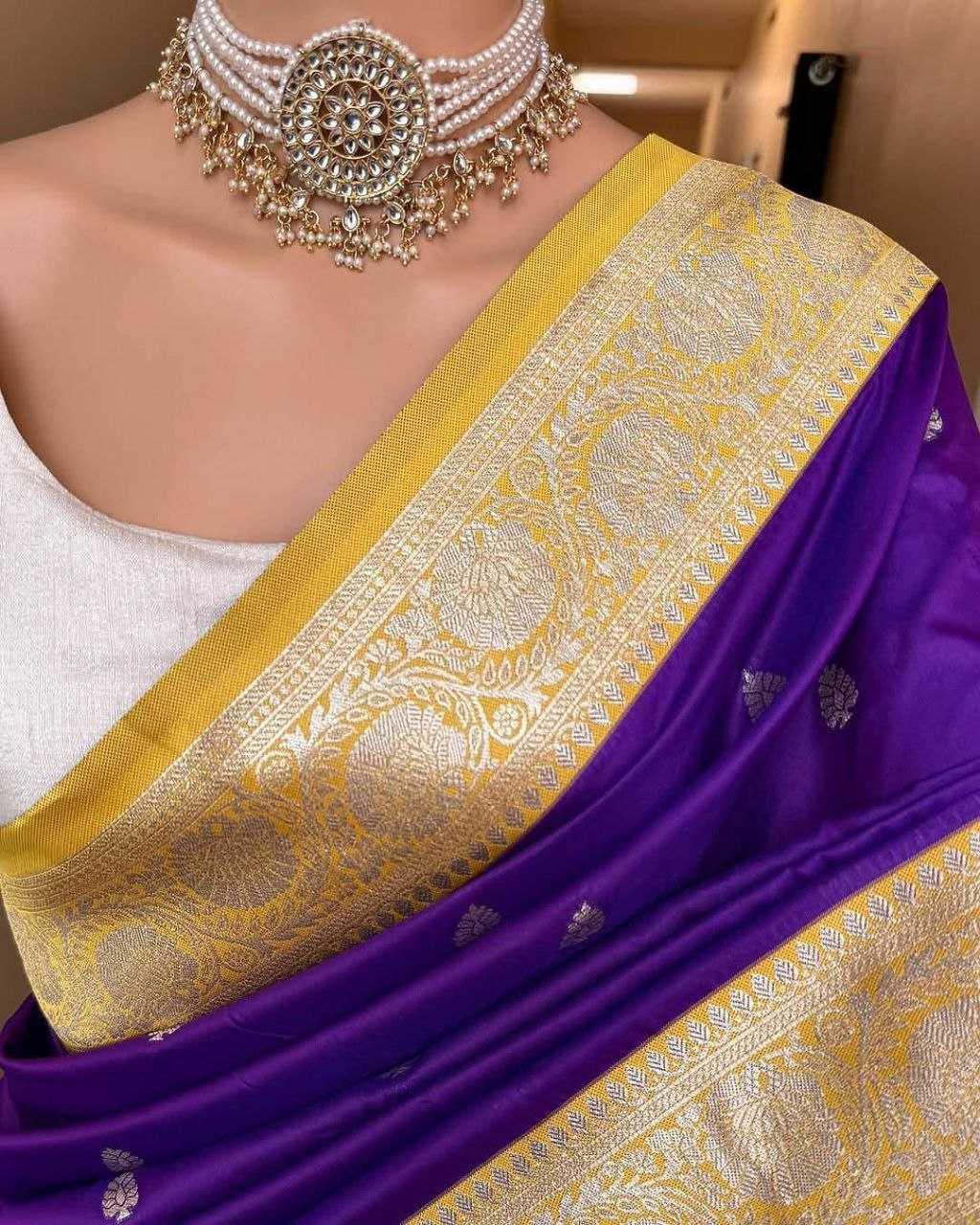 Purple Pure Soft Banarasi Silk Saree with Mina Work, Butti Weaving & Rich Contrast Border | Designer Party Wear Saree - House of ViDi