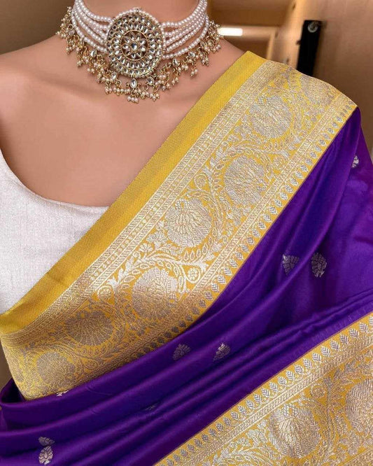 Purple Pure Soft Banarasi Silk Saree with Mina Work, Butti Weaving & Rich Contrast Border | Designer Party Wear Saree - House of ViDi