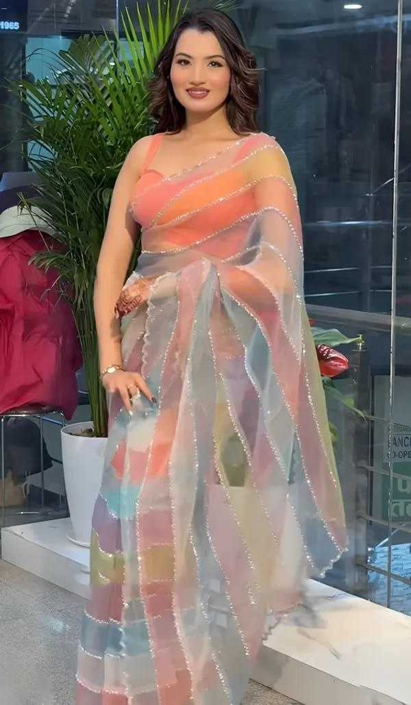 Soft Tabby Silk Saree with Designer Print & Zarkhan Work – Elegant Party & Festive Wear