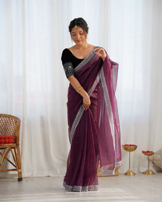 Elegant Lilac Twill Net Saree with 3mm Sequins & Rich Gold Zari Work [Wine]
