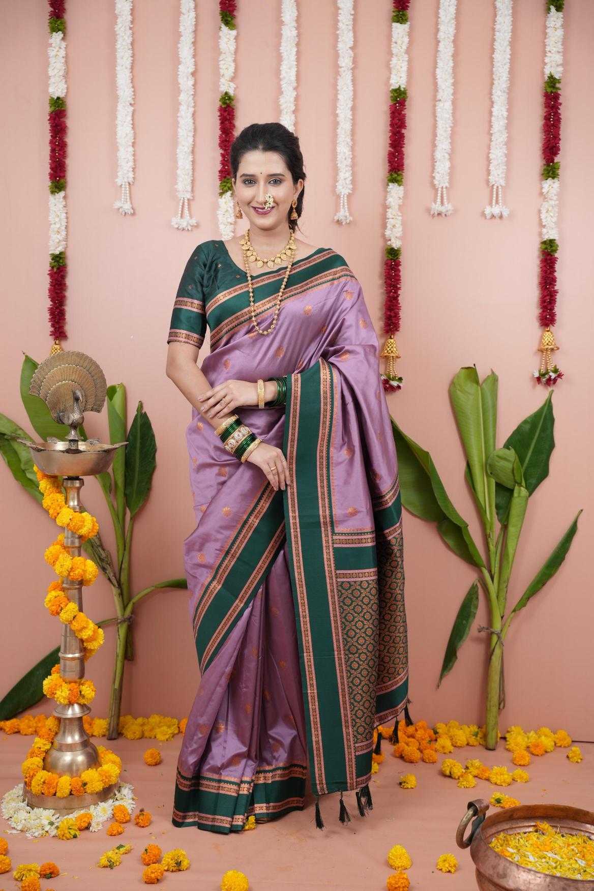 Narayanpet Soft Silk Saree with Zari Motifs & Contrast Pallu – Narayan Border & Contrast Blouse [Onion] - House of ViDi