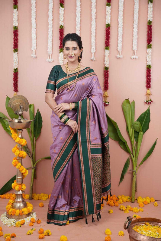Narayanpet Soft Silk Saree with Zari Motifs & Contrast Pallu – Narayan Border & Contrast Blouse [Onion] - House of ViDi