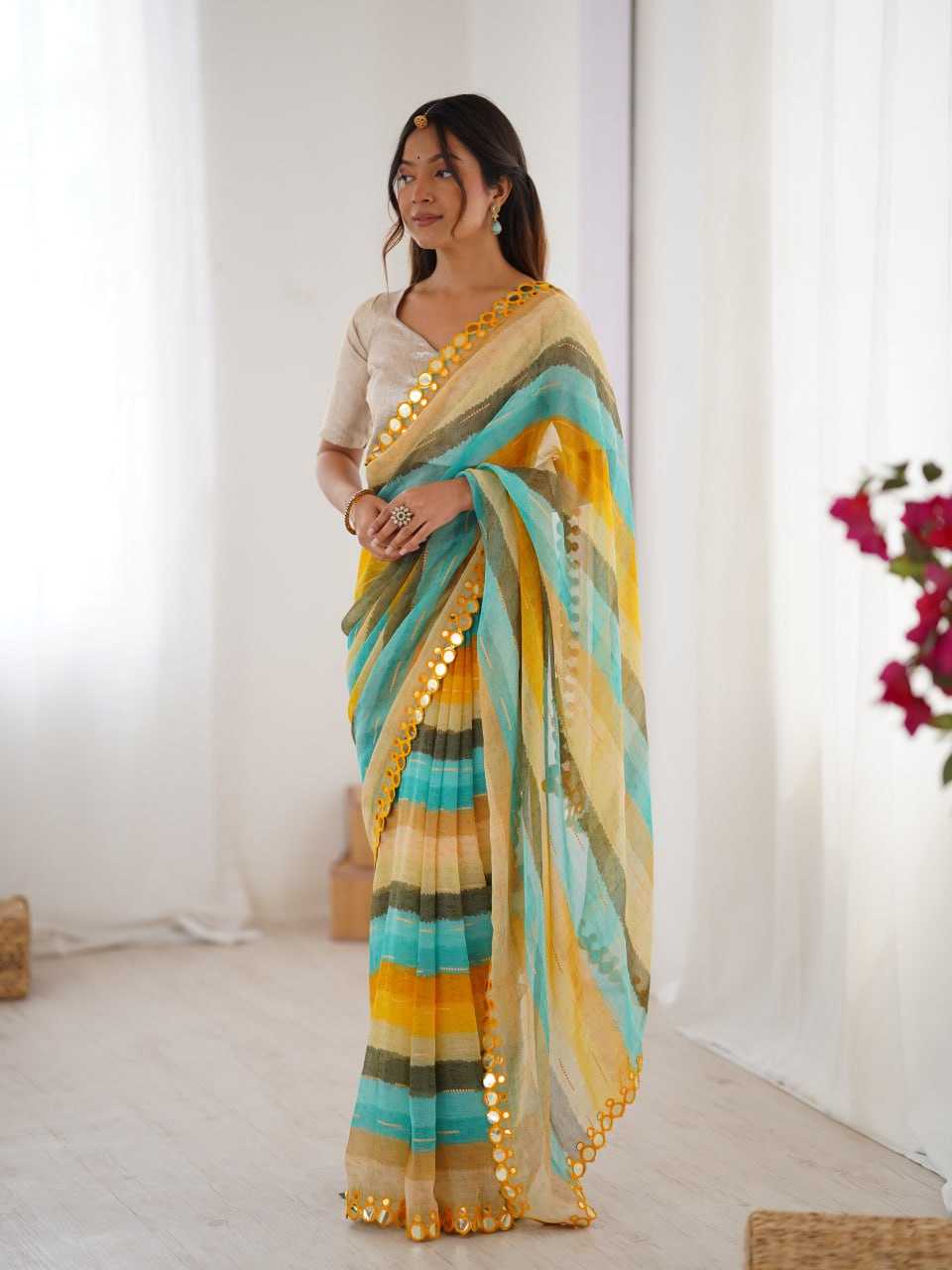 Yellow Heavy Marble Chiffon Lehriya Print Saree with Zari & Mirror Border – Elegant Festive & Party Wear Saree