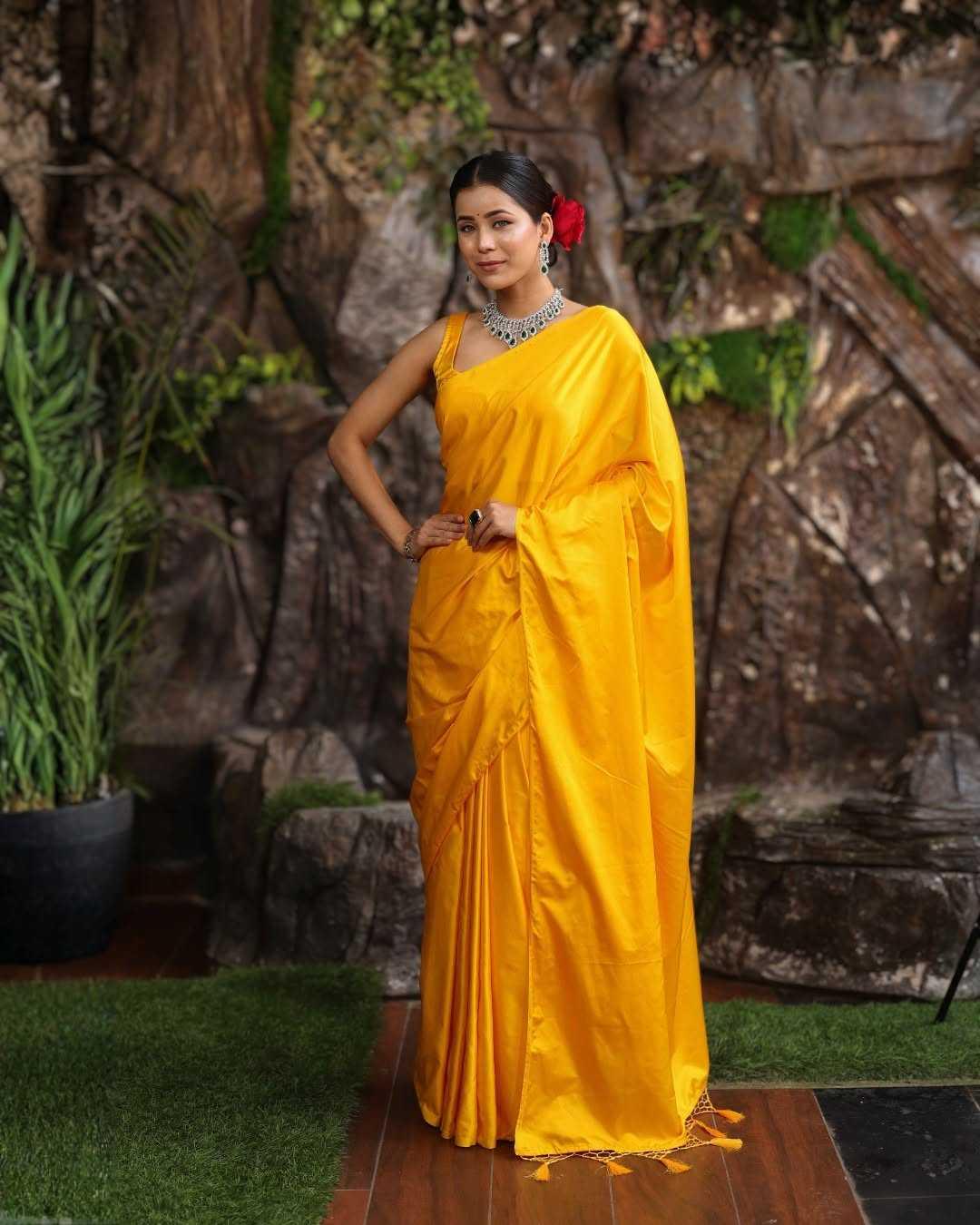 Yellow Premium Party Wear Crepe Silk Saree with Matching Blouse - House of ViDi