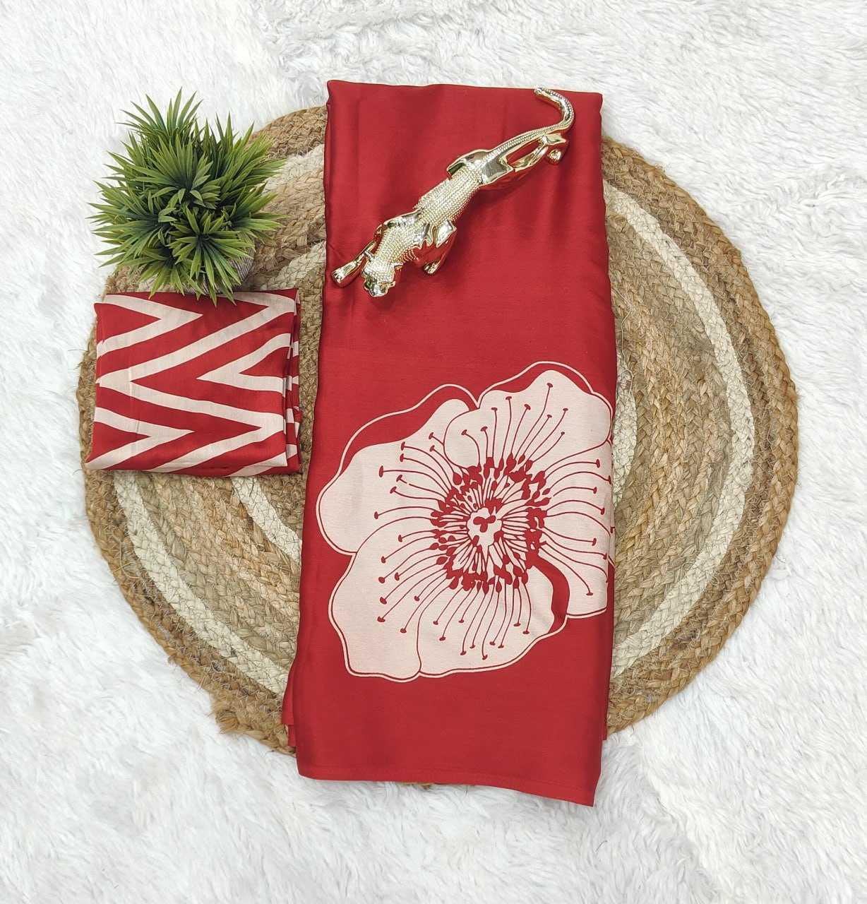 Red Ajrakh Inspired Semi Gajji Silk Party Wear Saree with Printed Border & Rich Pallu - House of ViDi