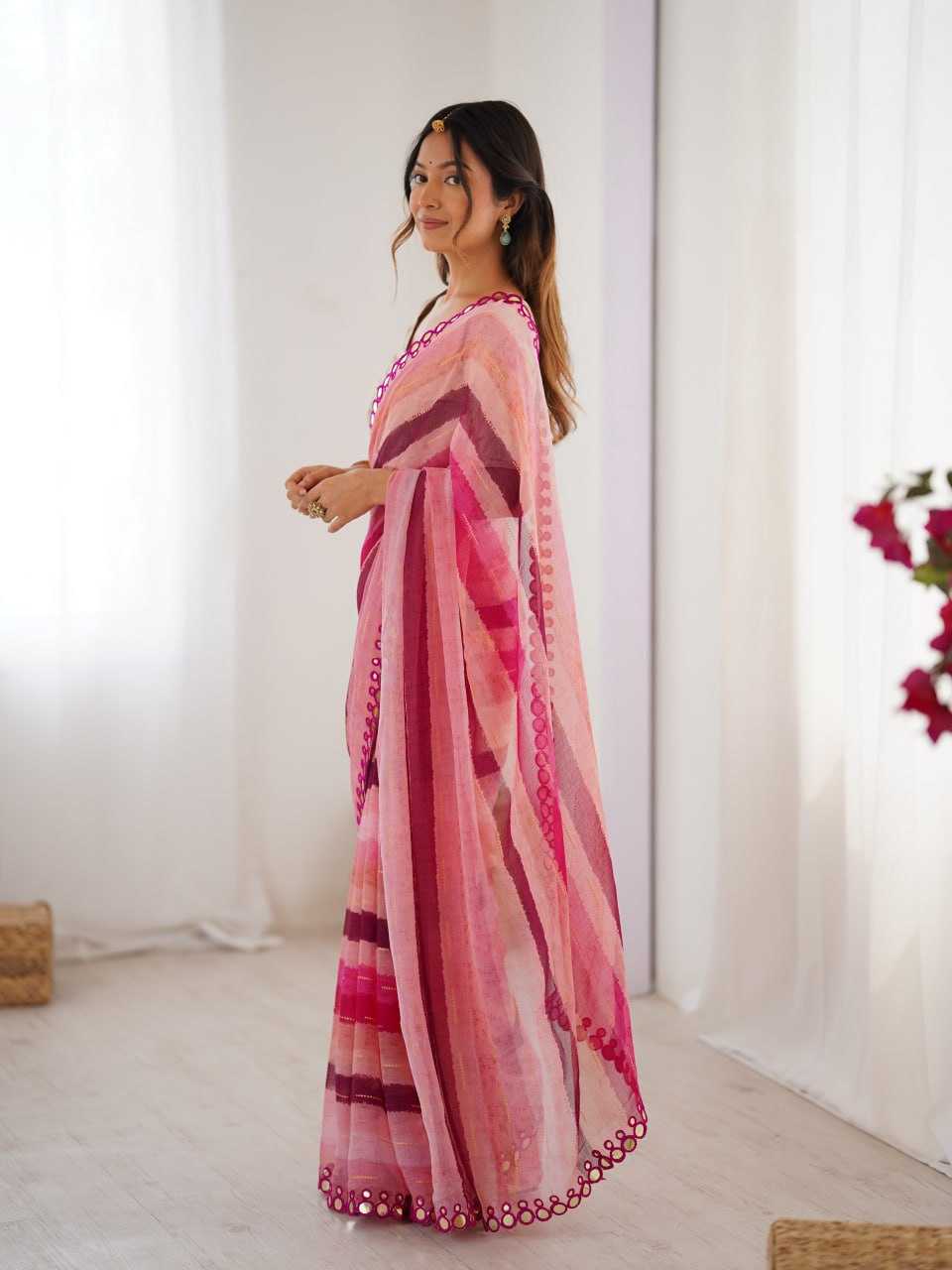 Pink Heavy Marble Chiffon Lehriya Print Saree with Zari & Mirror Border – Elegant Festive & Party Wear Saree