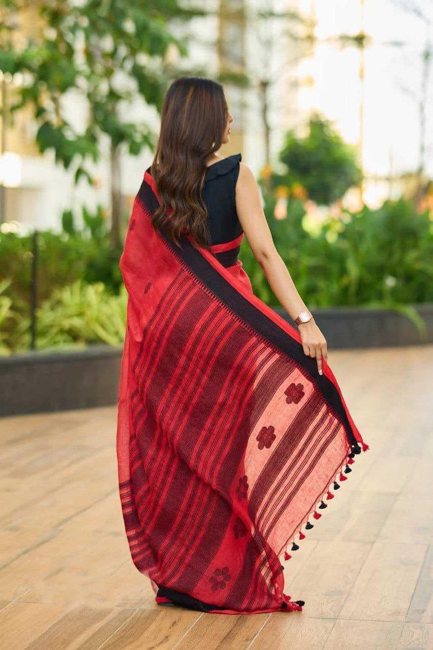 Red Premium Linen Cotton Digital Print Saree with Matching Blouse - House of ViDi