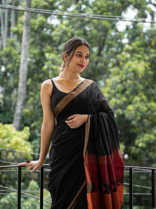 Black Soft Linen Jacquard Party Wear Saree with Rich Pallu & Woven Border