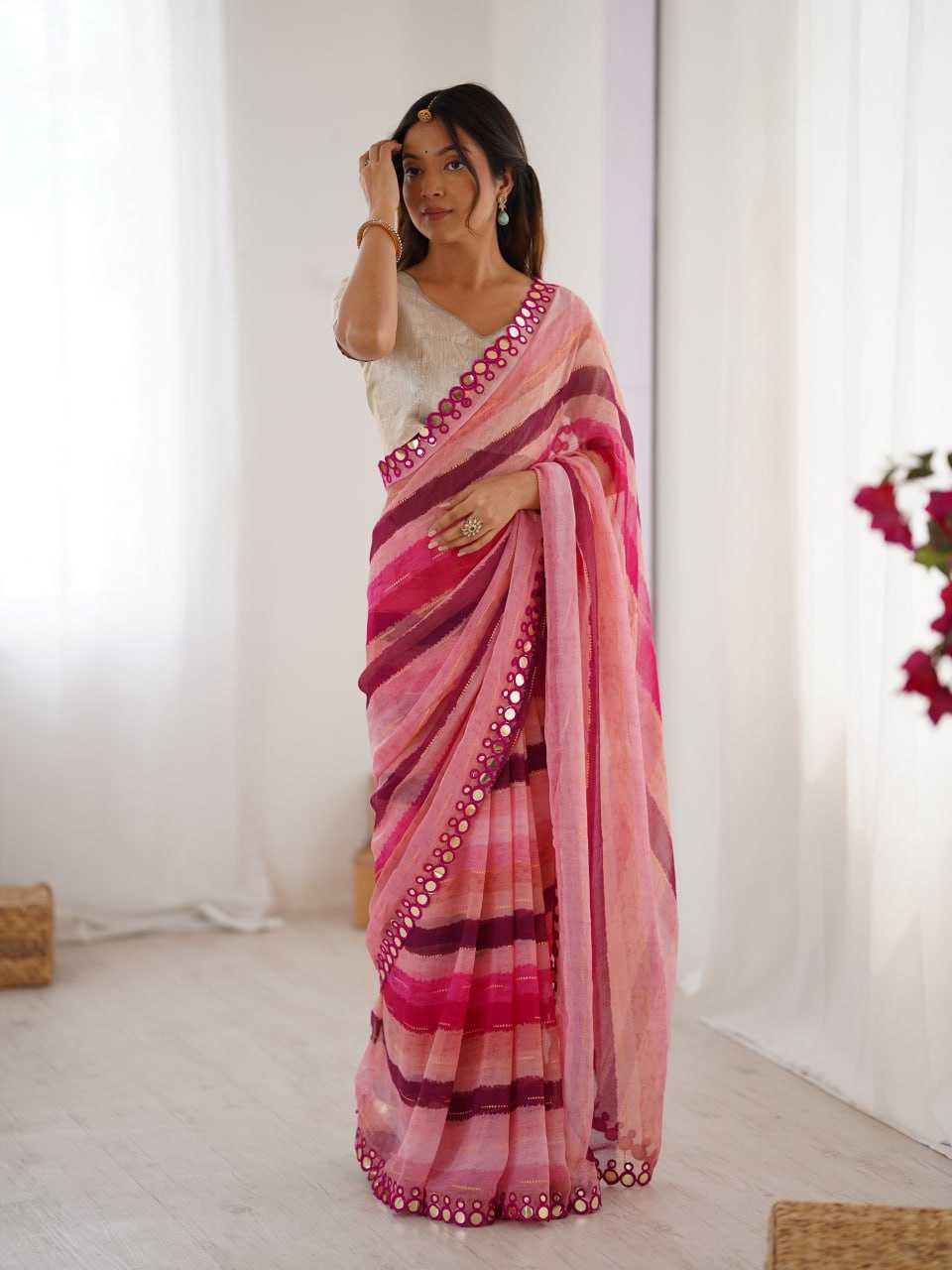 Pink Heavy Marble Chiffon Lehriya Print Saree with Zari & Mirror Border – Elegant Festive & Party Wear Saree