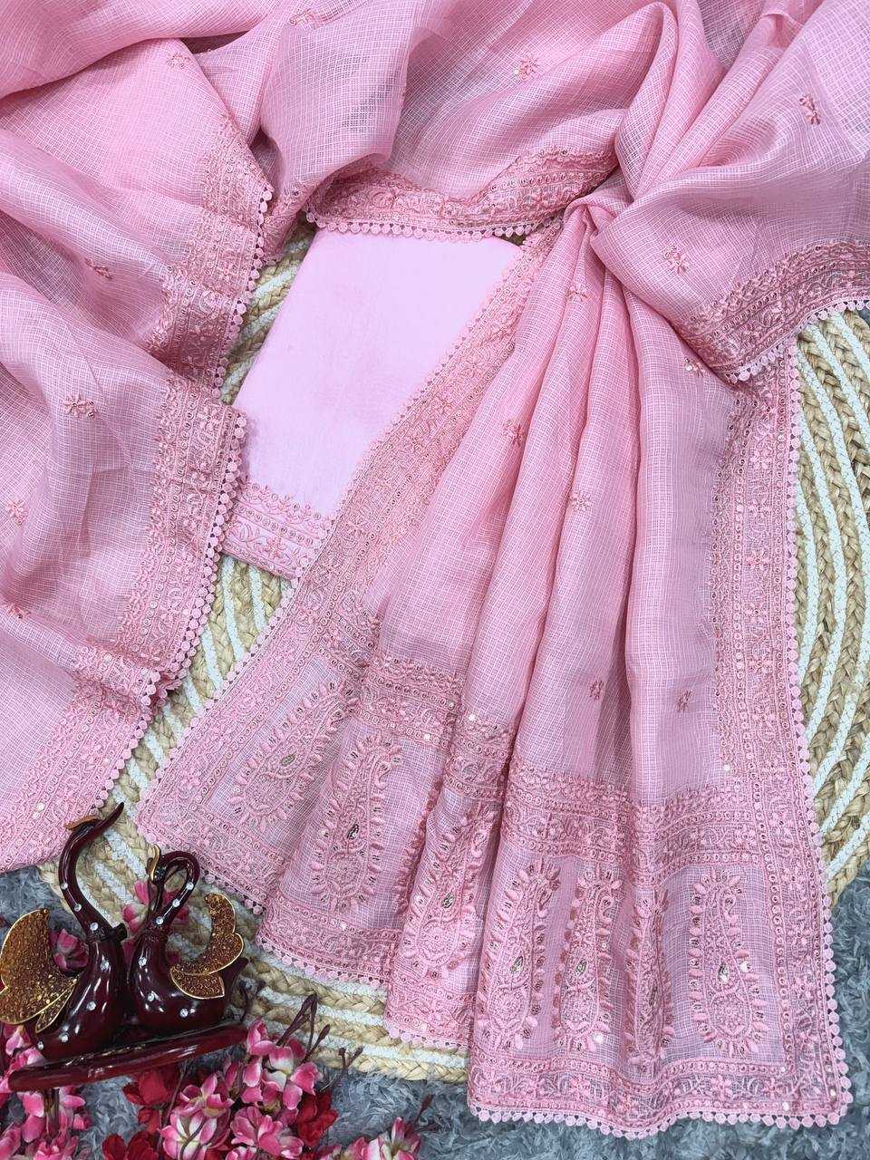 Soft Pink Kota Chex Designer Saree with Sequins & Thread Embroidery | Party Wear Saree | House of ViDi