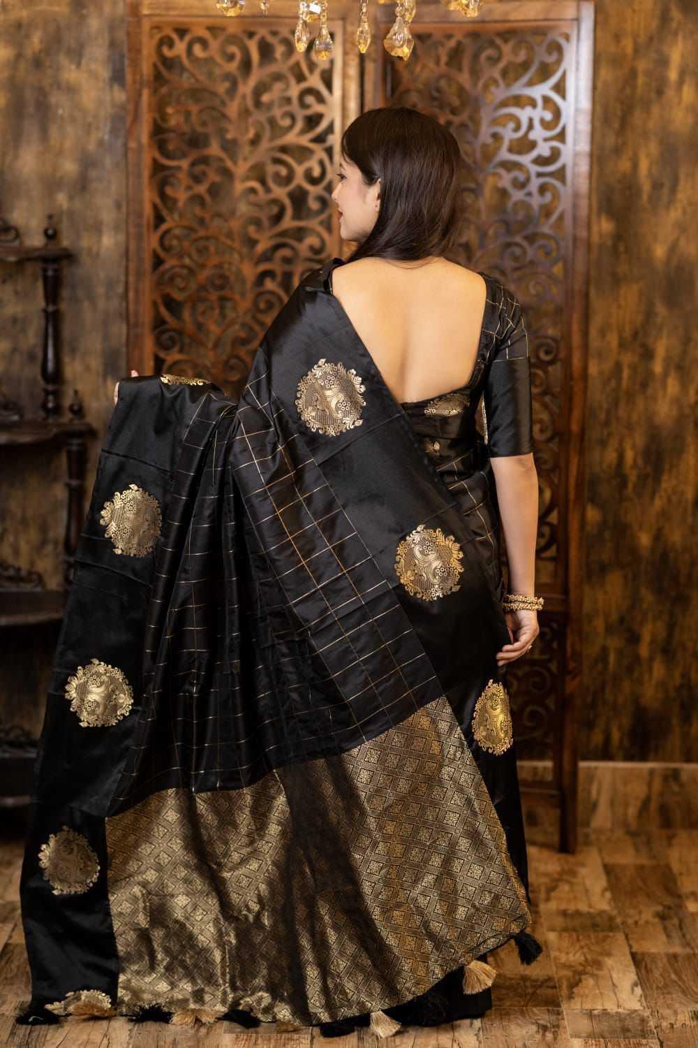 Black Premium Satin Silk Party Wear Saree with Zari Woven Border & Butta Design - House of ViDi