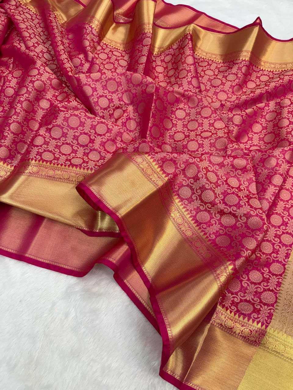 Shruti Haasan Inspired Pink Kanjivaram Tissue Silk Saree with Soft Zari Weaving & Brocade Blouse - House of ViDi