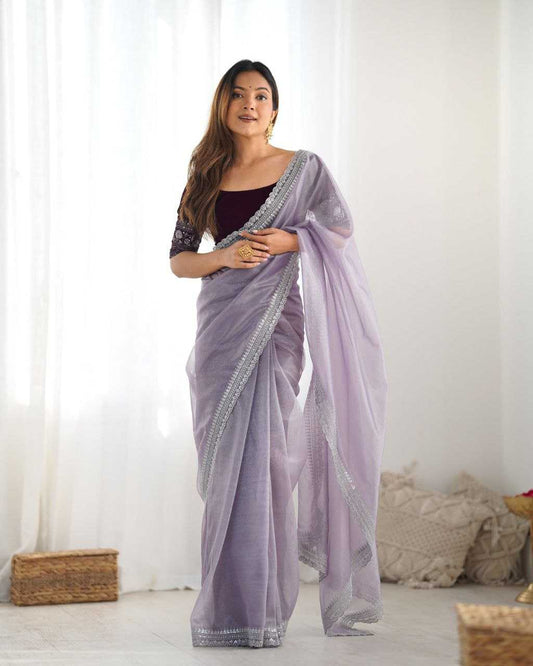Elegant Lilac Twill Net Saree with 3mm Sequins & Rich Gold Zari Work [Lavender]