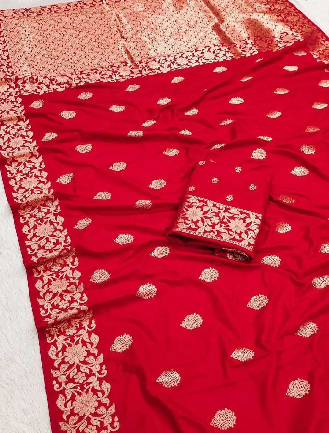 Red Soft Silk Saree with Rich Pallu & All-Over Butta | Pure Katan Look | Traditional Designer Silk Saree - House of ViDi
