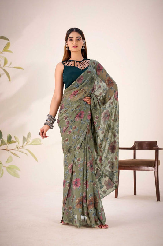 Mehndi Floral Viscose Brasso Designer Saree with Natural Silk Blouse | Festive Wear | House of ViDi