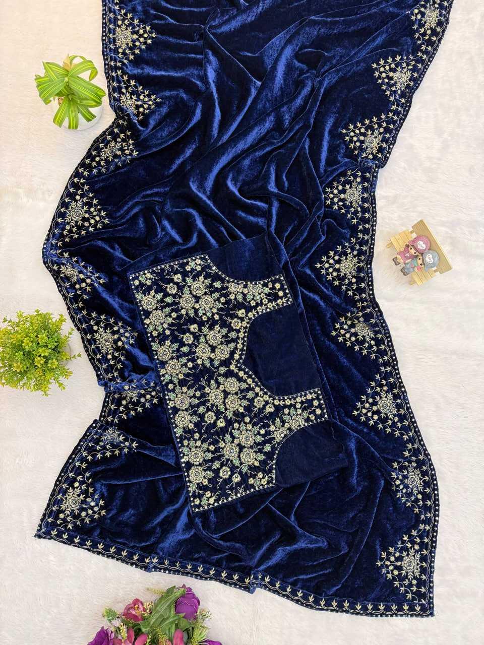 Navy Blue Velvet Saree with Embroidered Border - House of ViDi