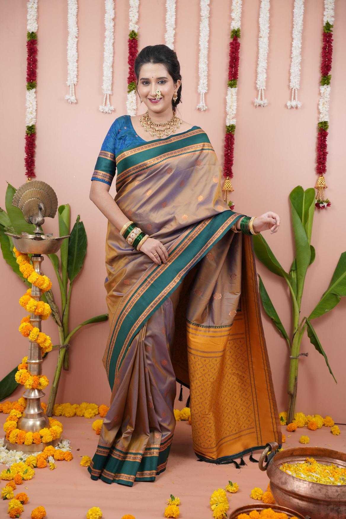 Narayanpet Soft Silk Saree with Zari Motifs & Contrast Pallu – Narayan Border & Contrast Blouse [Brown] - House of ViDi