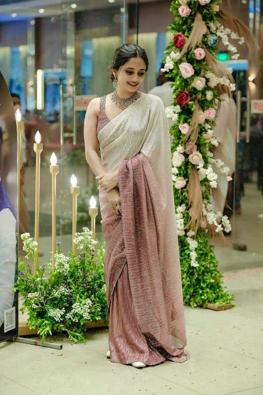 Rose Gold Georgette Sequin Embroidered Saree – Designer Party Wear Saree with Heavy Mono Banglori Blouse