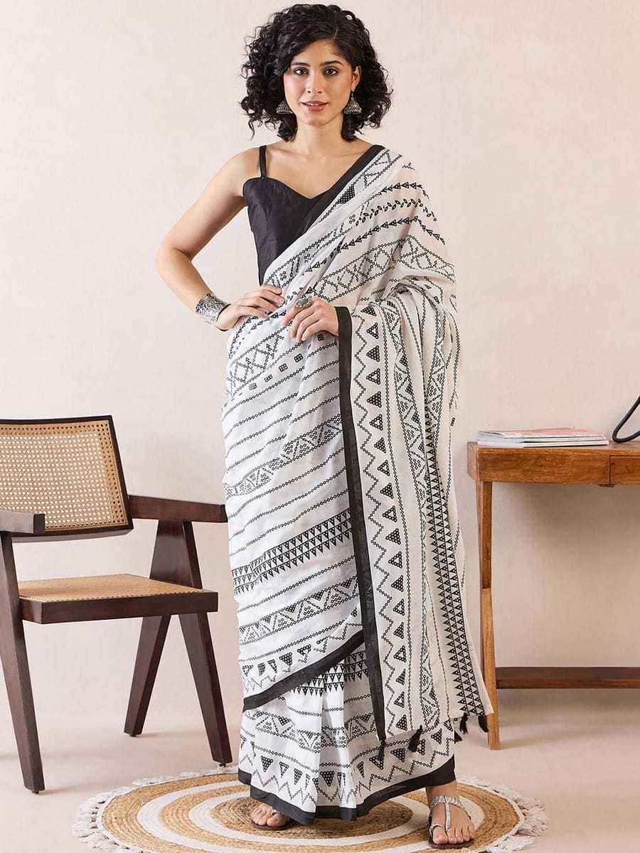 White Ready-to-Wear Mulmul Cotton Printed Saree with Pocket