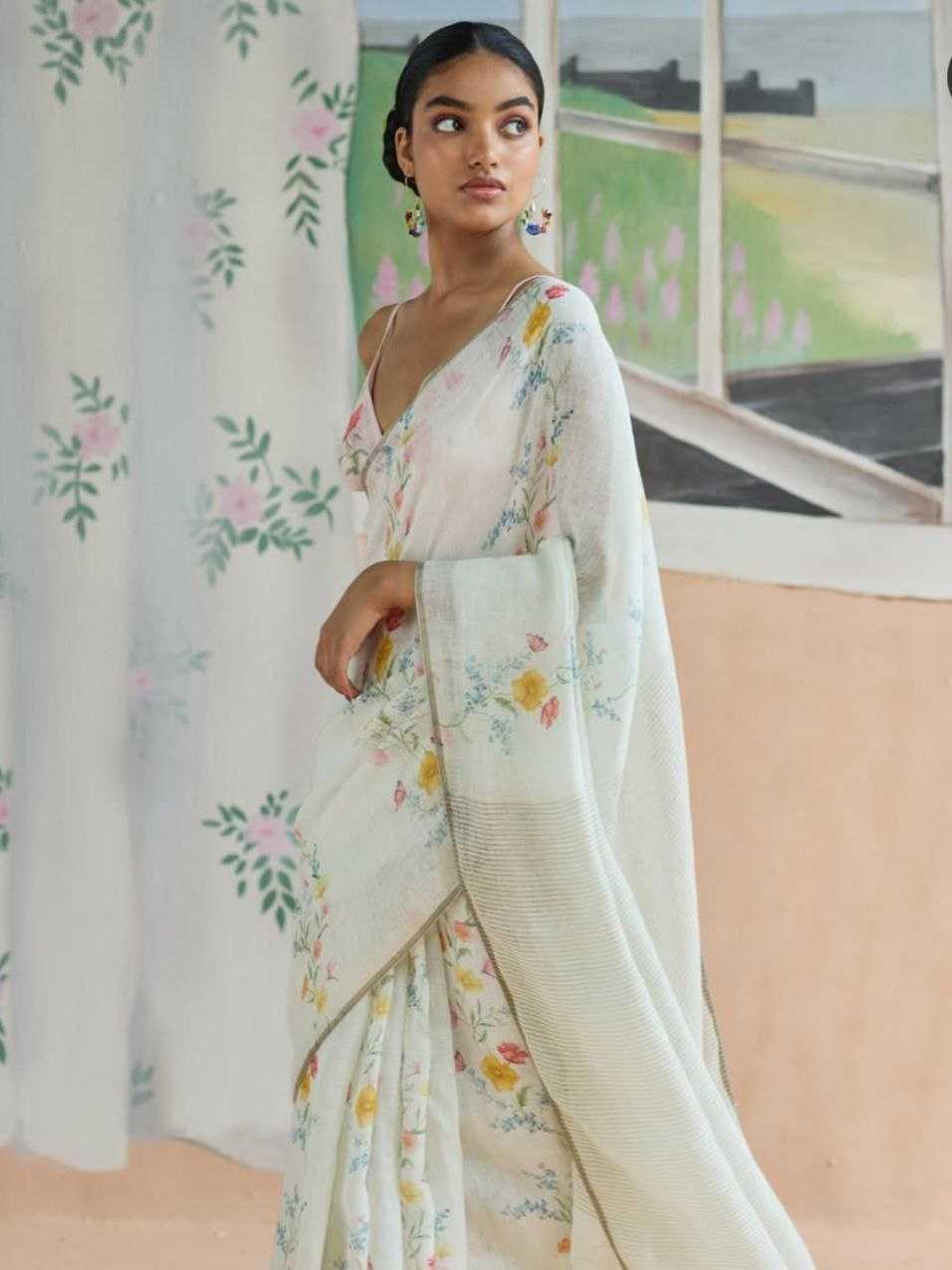 Mint Green Premium Linen Digital Print Designer Saree with Matching Blouse - House of ViDi