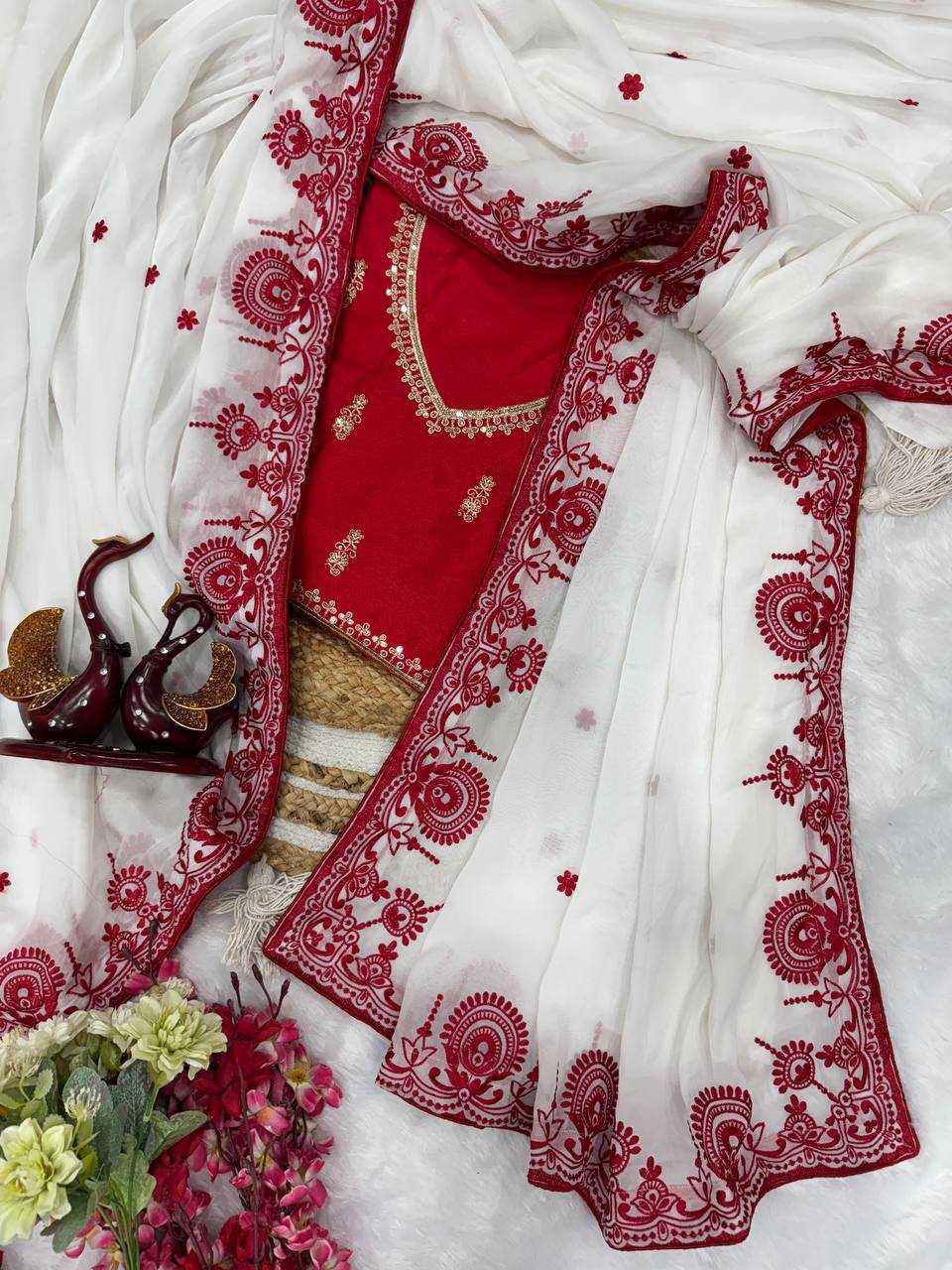 Elegant White & Red Embroidered Rangoli Silk Saree with Designer Mono Banglori Blouse - House of ViDi