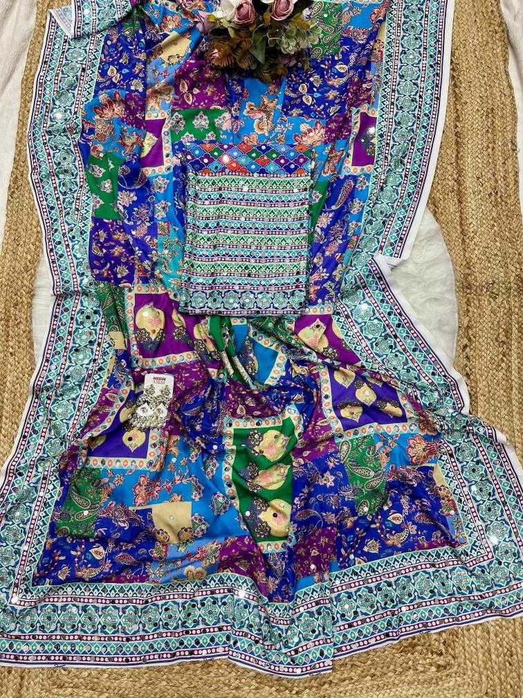 Designer Chinon Silk Mirror Work Saree | Navratri Special Printed Silk Saree with Digital Print & Blouse
