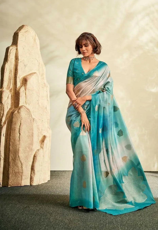Sky Blue Handloom Silk Saree with Heavy Weaving - House of ViDi