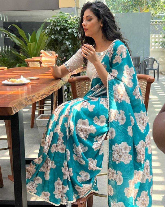 Soft Tebby Silk Digital Printed Saree with Lace Border & Chikankari Mirror Work Blouse – Elegant Everyday & Festive Wear - House of ViDi