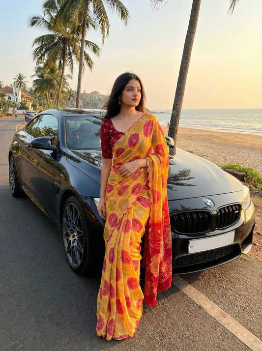 Designer Tabby Silk Digital Print Saree with Gota Handwork & Cutwork Border - House of ViDi