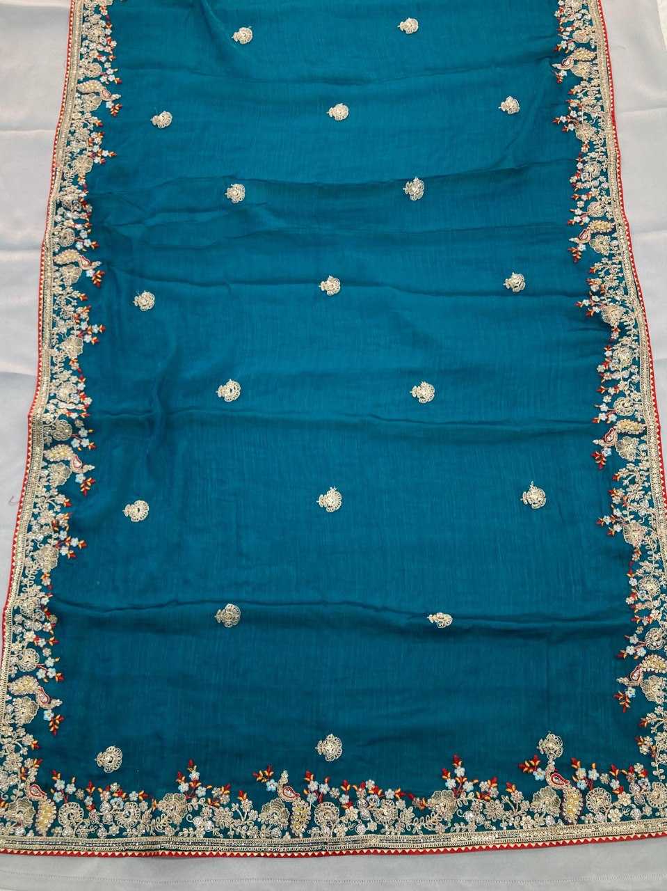 Premium Blue Fendy Chiffon Silk Saree with Heavy Embroidery & Mono Banglory Blouse – Perfect Wedding & Festive Wear