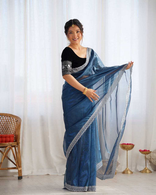 Elegant Lilac Twill Net Saree with 3mm Sequins & Rich Gold Zari Work [Blue]