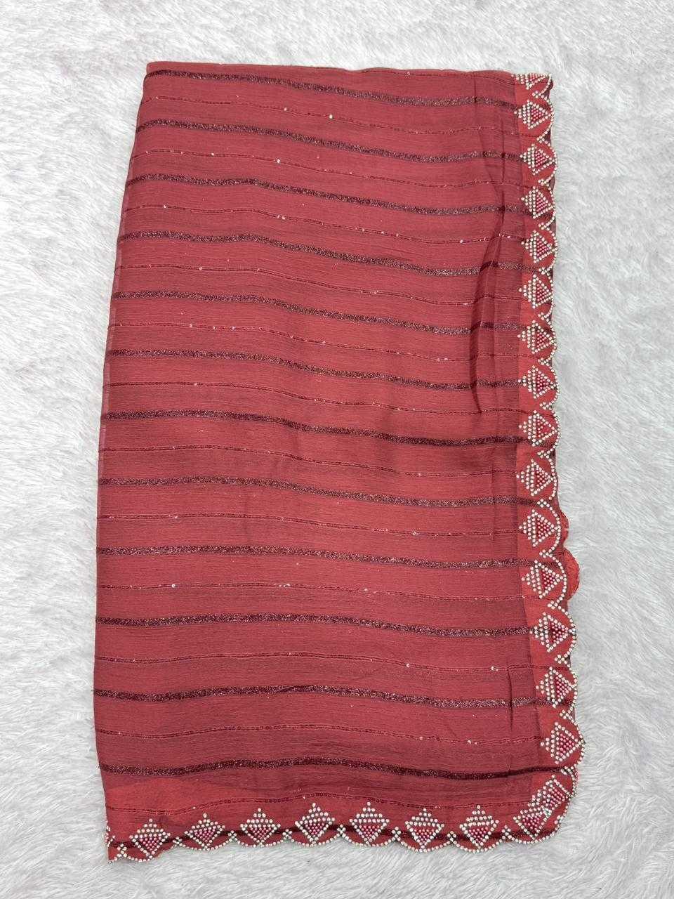 Red Fancy Dull Moss Crochet Work Saree with Cutwork Moti Border - House of ViDi