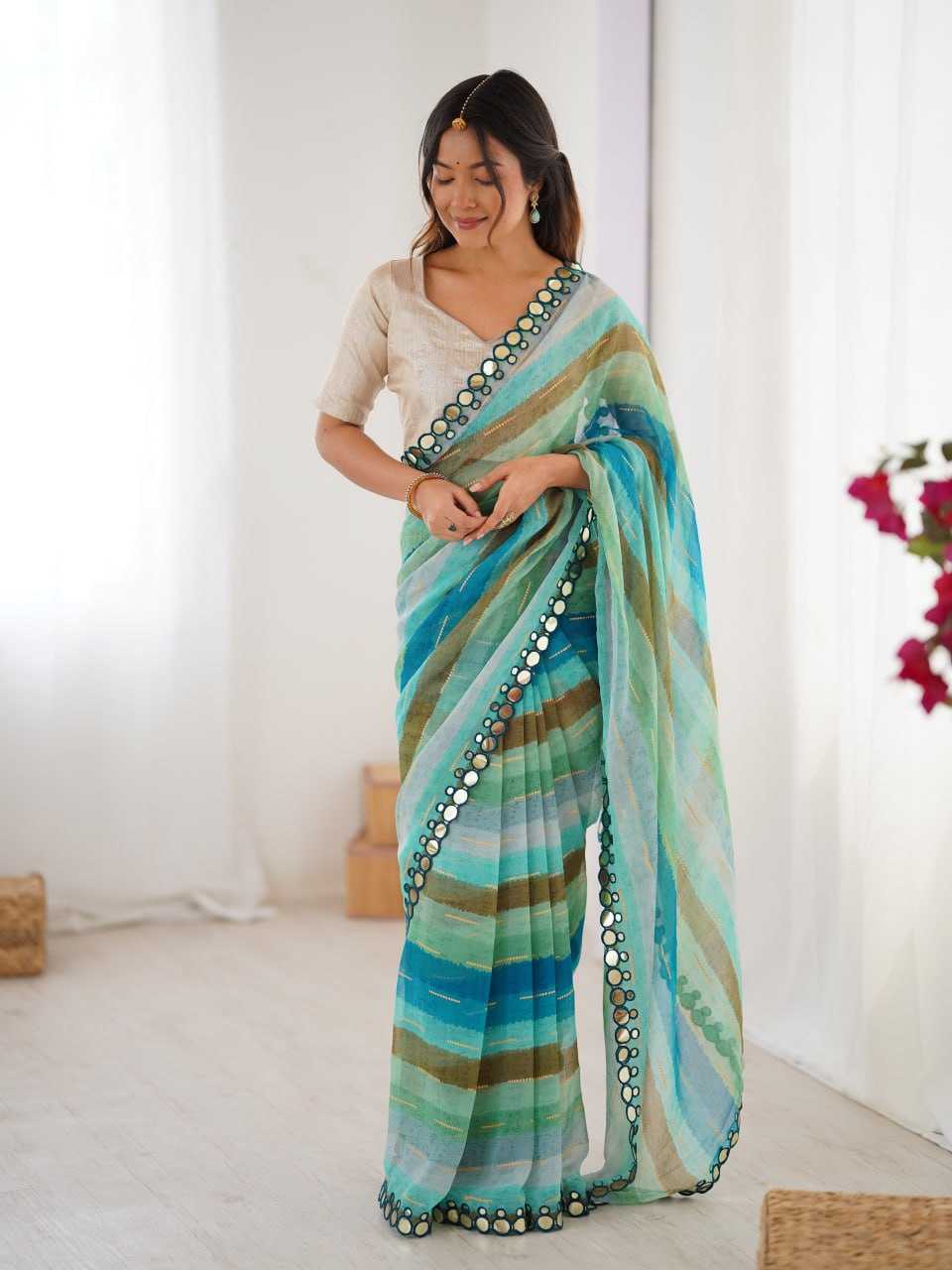Sky Blue Heavy Marble Chiffon Lehriya Print Saree with Zari & Mirror Border – Elegant Festive & Party Wear Saree