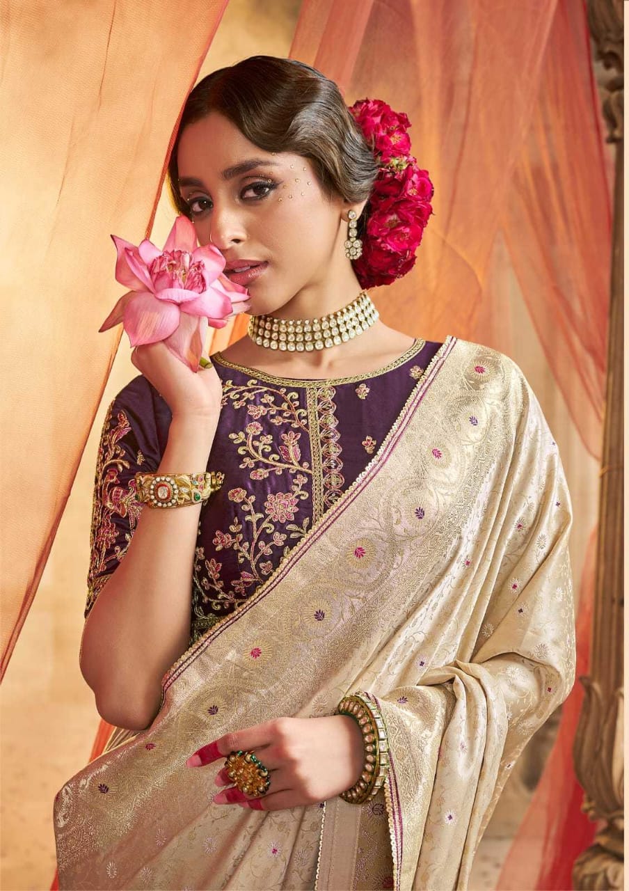 Gold Pure Satin Designer Saree with Lace Border & Heavy Embroidered Contrast Blouse | Party & Traditional Wear