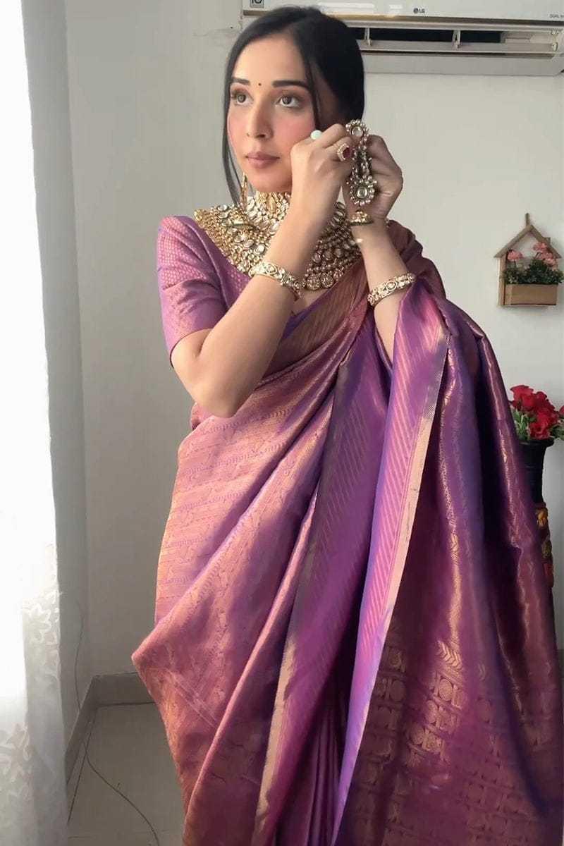 Taniya Mittal Inspired Kanjivaram Silk Saree [Purple] - House of ViDi