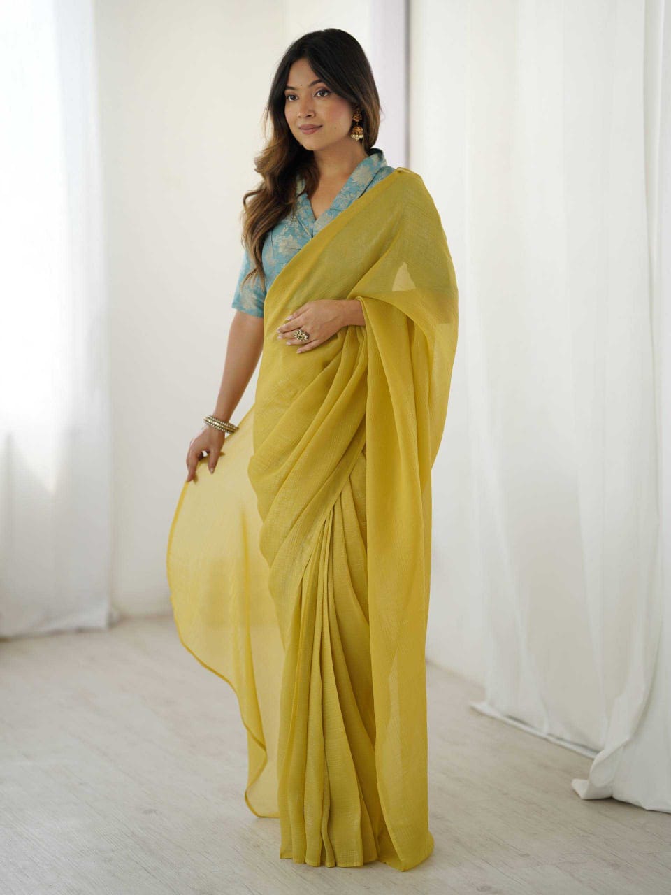 Sparkle Silk Ready-to-Wear Saree with Banarasi Silk Blouse – Elegant & Effortless Draping