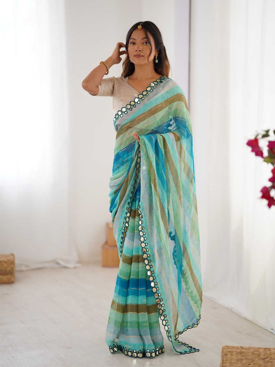 Sky Blue Heavy Marble Chiffon Lehriya Print Saree with Zari & Mirror Border – Elegant Festive & Party Wear Saree